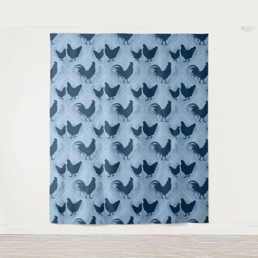 Rustic Farmhouse Hen Pattern – In Blue タペストリー (正面)