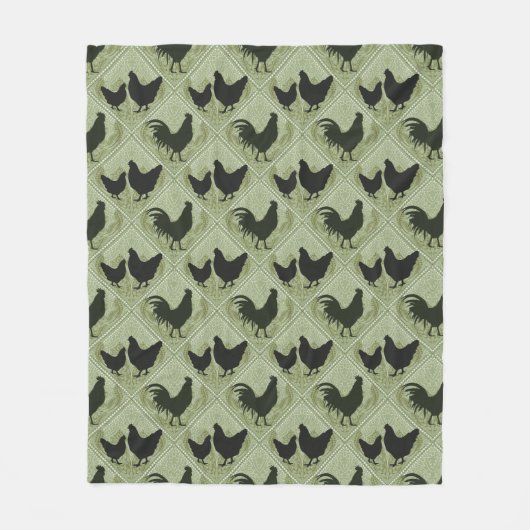 Rustic Farmhouse Hen Pattern – In Green フリースブランケット (正面)