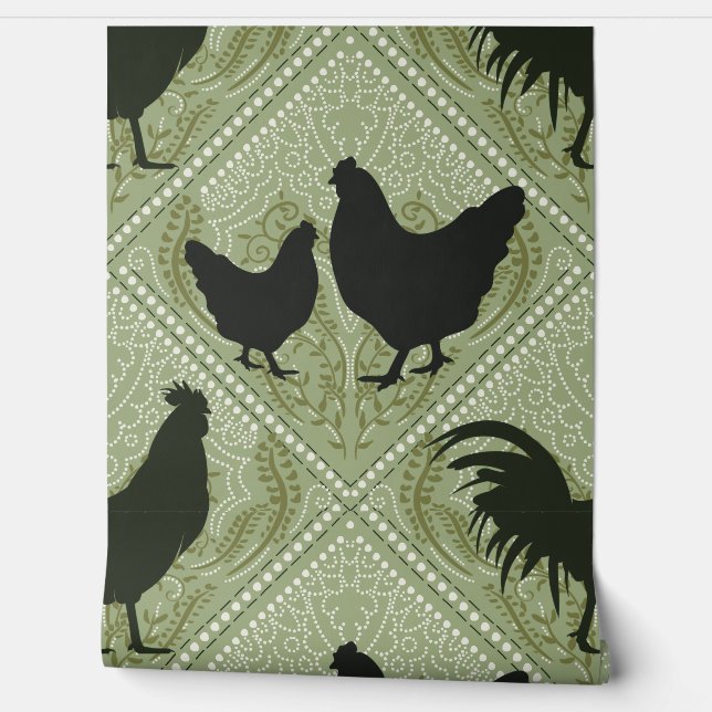 Rustic Farmhouse Hen Pattern – In Green  壁紙 (ほどく)
