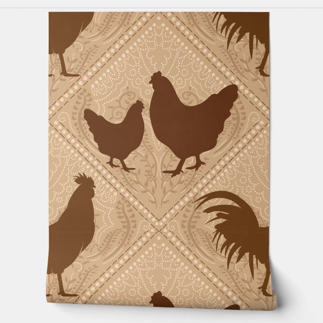 Rustic Farmhouse Hen Pattern – In Warm Brown  壁紙 (ほどく)