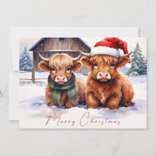 Rustic Farmhouse Highland Cow Christmas Card サンキューカード (正面)