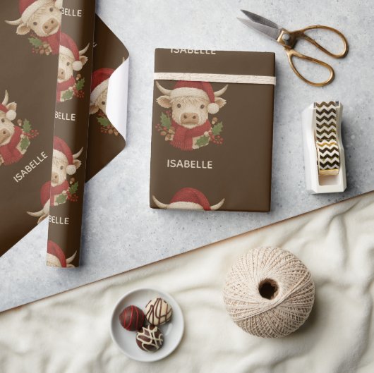  Rustic farmhouse Highland Cow with Santa Hat  ラッピングペーパー (クラフト)