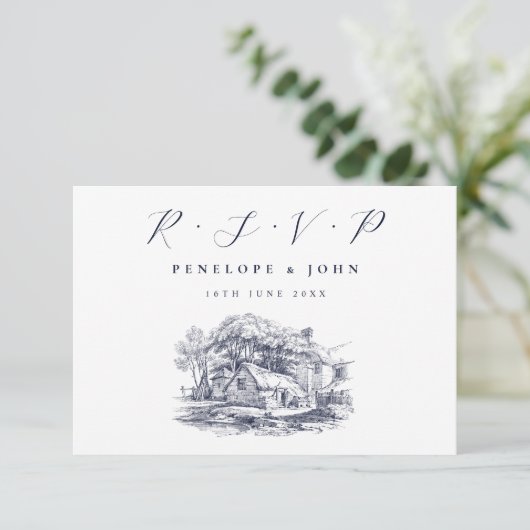 Rustic Farmhouse Illustration Destination Wedding 出欠カード (スタンド正面)