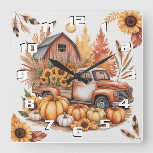 Rustic Farmhouse Inspired Autumn and Thanksgiving スクエア壁時計 (正面)