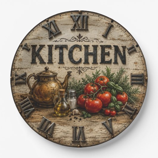 Rustic Farmhouse Kitchen Tomatoes & Herbs Vintage ペーパープレート (正面)