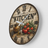 Rustic Farmhouse Kitchen Tomatoes & Herbs Vintage ラージ壁時計 (傾斜)