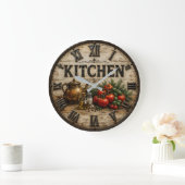 Rustic Farmhouse Kitchen Tomatoes & Herbs Vintage ラージ壁時計 (ホーム)