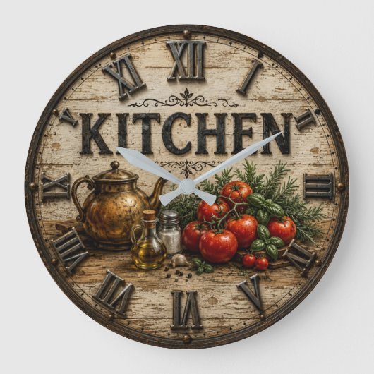 Rustic Farmhouse Kitchen Tomatoes & Herbs Vintage ラージ壁時計 (正面)