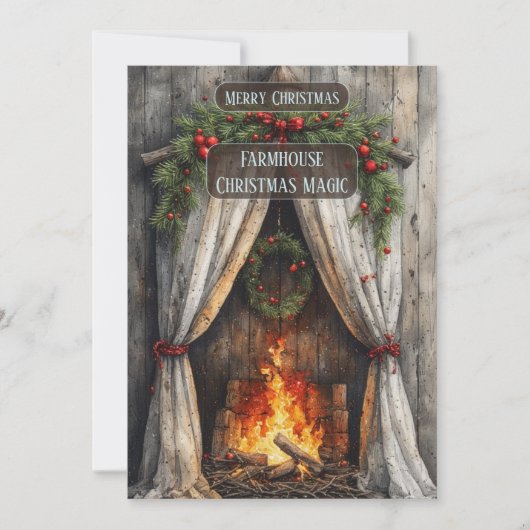 Rustic Farmhouse Magic Christmas Fireplace Hearth  シーズンカード (正面)