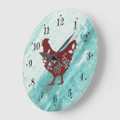 Rustic Farmhouse Red Chicken Faux Wood Wall Clock ラージ壁時計 (傾斜)