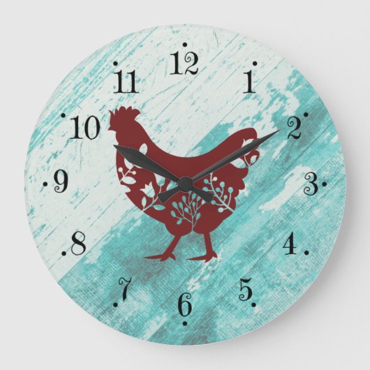 Rustic Farmhouse Red Chicken Faux Wood Wall Clock ラージ壁時計 (正面)