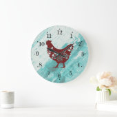 Rustic Farmhouse Red Chicken Faux Wood Wall Clock ラージ壁時計 (ホーム)