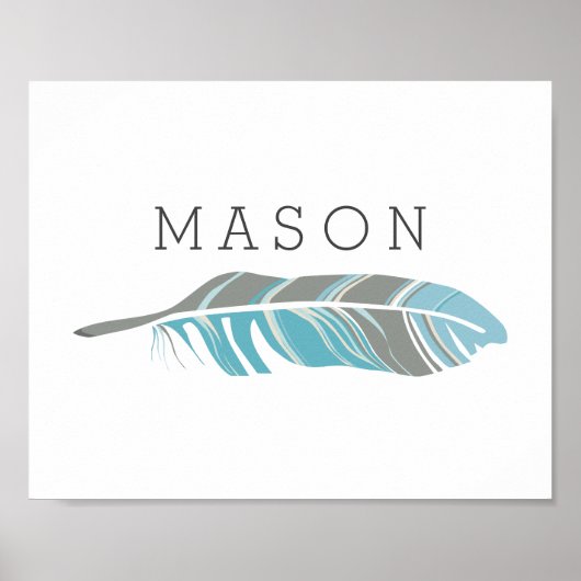 Rustic Feather | Blue Personalized Name Wall Art ポスター (正面)