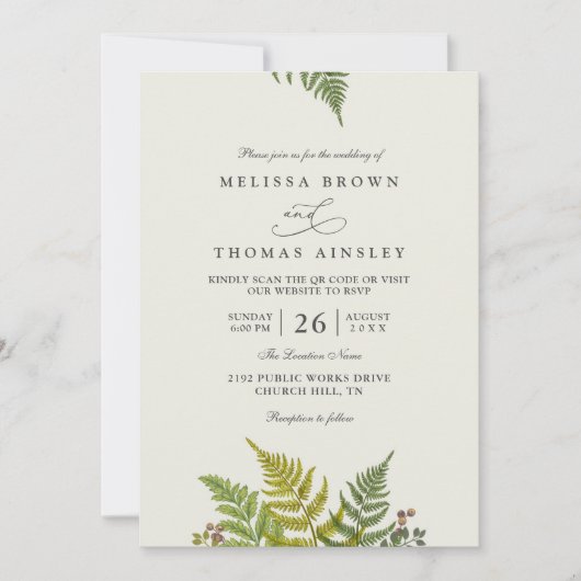 Rustic Fern Forest Greenery Modern QR Code Wedding 招待状 (正面)