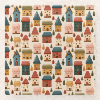 Rustic Festive Christmas Houses Seamless Pattern ガラスコースター