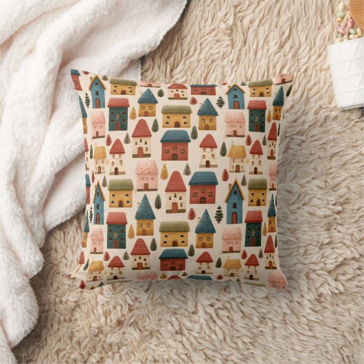 Rustic Festive Christmas Houses Seamless Pattern クッション (ブランケット)