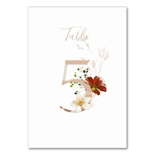 Rustic Floral 手書きスクリプト 5 ウェディング テーブルナンバー (正面)