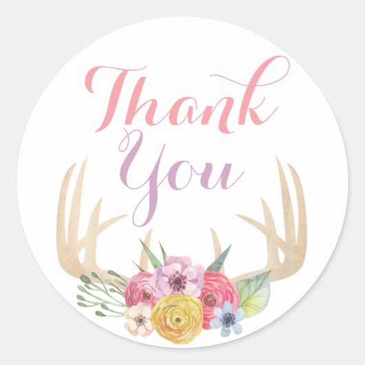 Rustic Floral Antlers Painted Watercolor Thank You ラウンドシール (正面)