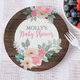 Rustic Floral Baby Shower Round Plate ペーパープレート