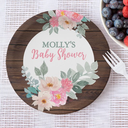 Rustic Floral Baby Shower Round Plate ペーパープレート