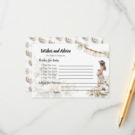 Rustic Floral Baby Shower Wishes and Advice エンクロージャーカード (正面/裏面インサイチュ)