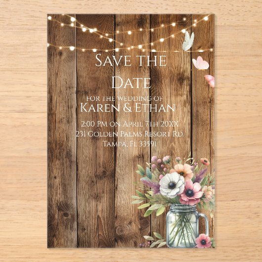 Rustic Floral Blossoms Save the Date Invitation  アクリル招待状 (正面)