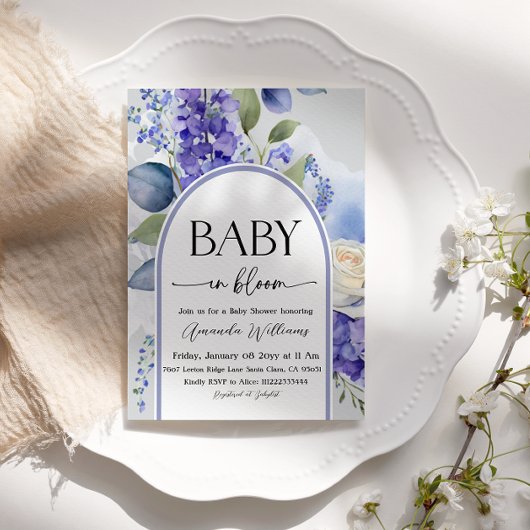 Rustic Floral Blue Baby in Bloom Boy Baby Shower 招待状