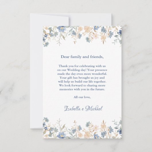 Rustic Floral Boho Blue and Beige Wedding サンキューカード (正面)