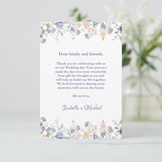 Rustic Floral Boho Blue and Beige Wedding サンキューカード (スタンド正面)