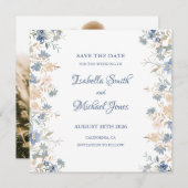 Rustic Floral Boho Blue and Beige Wedding セーブザデート (正面/裏面)