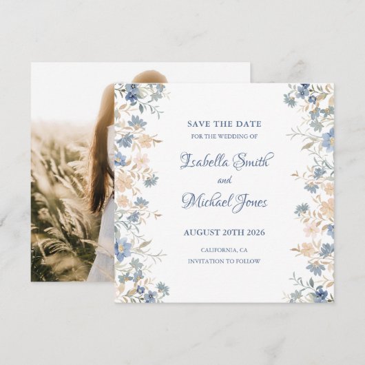Rustic Floral Boho Blue and Beige Wedding セーブザデート (正面/裏面)