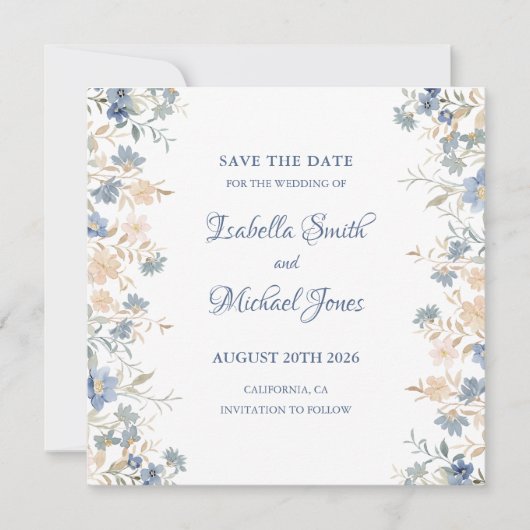 Rustic Floral Boho Blue and Beige Wedding セーブザデート (正面)