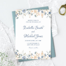 Rustic Floral Boho Blue and Beige Wedding 招待状