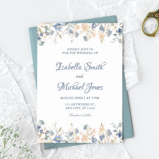 Rustic Floral Boho Blue and Beige Wedding 招待状