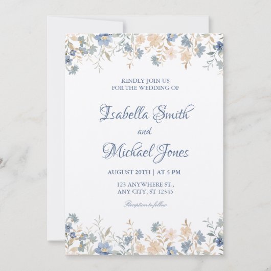 Rustic Floral Boho Blue and Beige Wedding 招待状 (正面)