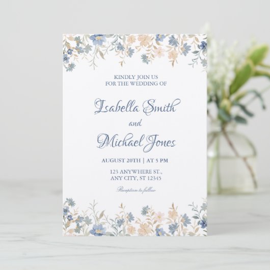 Rustic Floral Boho Blue and Beige Wedding 招待状 (スタンド正面)
