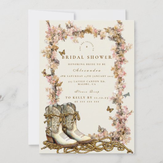 Rustic Floral Boots Bridal Shower 招待状 (正面)