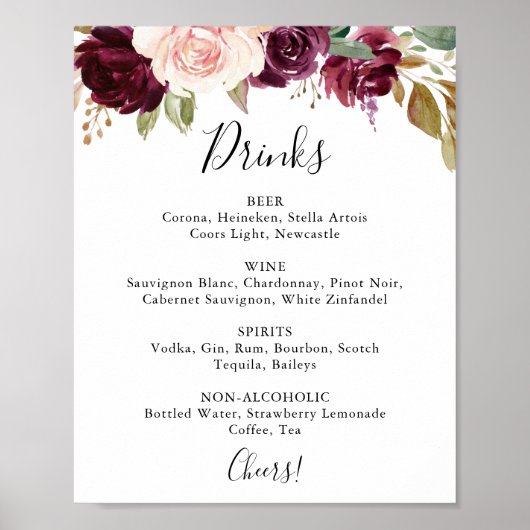 Rustic Floral Botanical Wedding Drinks Menu Sign ポスター (正面)