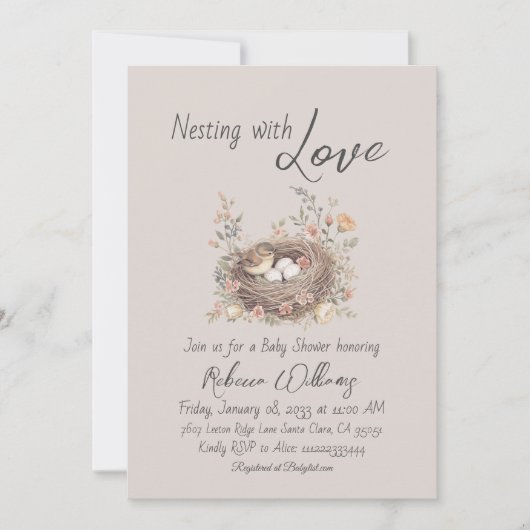 Rustic Floral Bow Baby Shower Nesting Party 招待状 (正面)