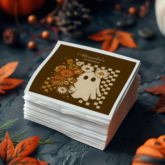 Rustic Floral Checkerboard Ghost 1st Birthday スタンダードカクテルナプキン