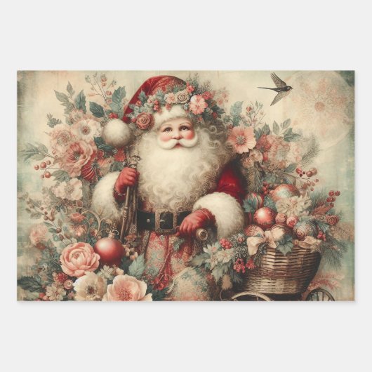 Rustic Floral Christmas Santa Wrapping Paper ラッピングペーパーシート (正面2)