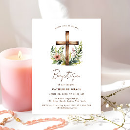 Rustic Floral Cross Baptism & Christening 招待状