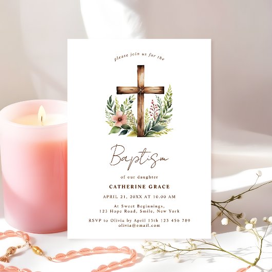 Rustic Floral Cross Baptism & Christening 招待状