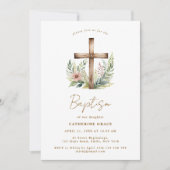 Rustic Floral Cross Baptism & Christening 招待状 (正面)