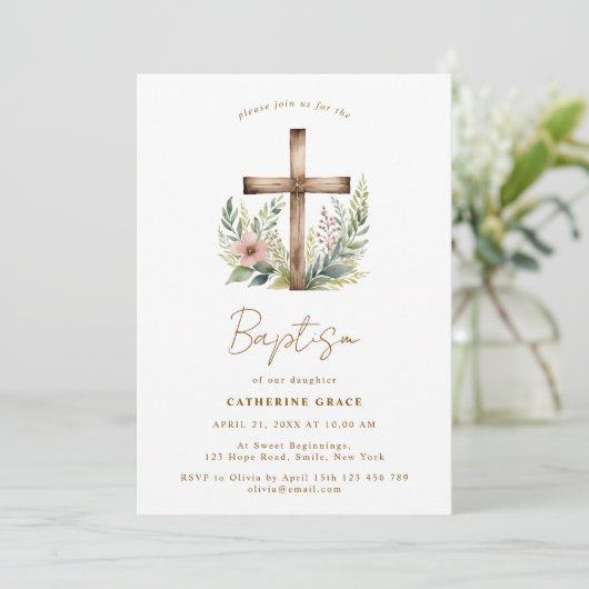 Rustic Floral Cross Baptism & Christening 招待状 (スタンド正面)