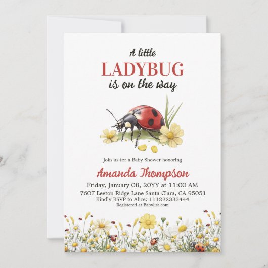 Rustic Floral Daisy A Little Ladybug Baby Shower 招待状 (正面)