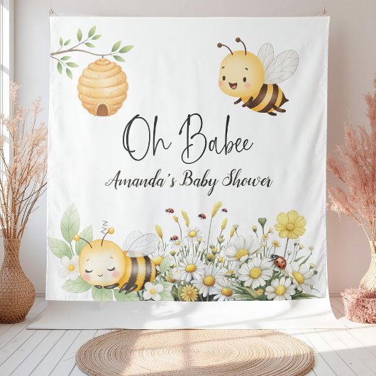 Rustic Floral Daisy Oh Babee Honey Bee Baby Shower タペストリー