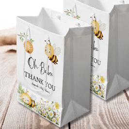 Rustic Floral Daisy Oh Babee Honey Bee Baby Shower ミディアムペーパーバッグ