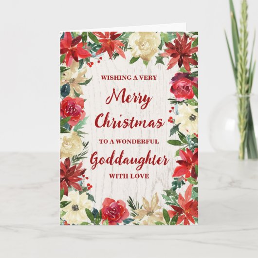 Rustic Floral Goddaughter Merry Christmas カード (正面)