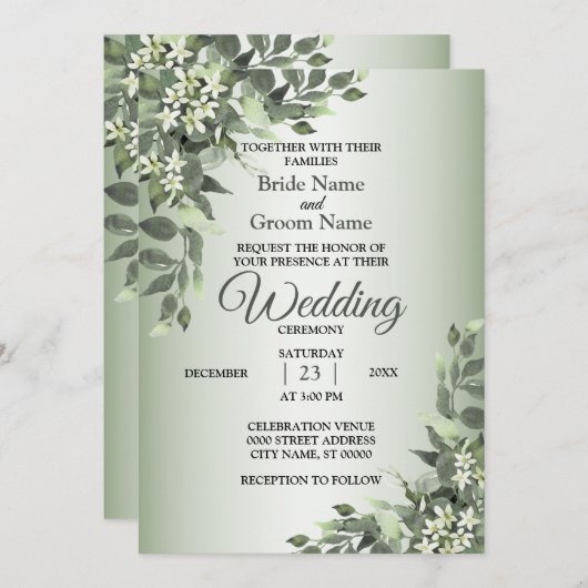Rustic Floral Greenery Eucalyptus Leaves Wedding 招待状 (正面/裏面)